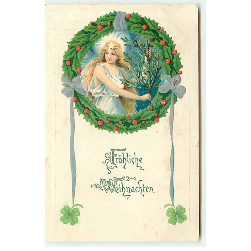 n°18716 - Carte Gaufrée - Fröhliche Weihnachten - Ange gardien apportant un sapin, dans une couronne de Noël