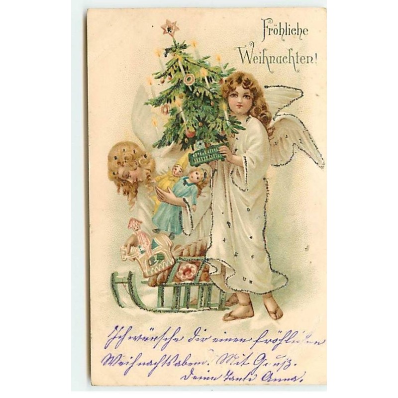 n°18717 - Carte à paillettes - Fröhliche Weihnachten - Anges gardiens apportant un sapin, et des cadeaux