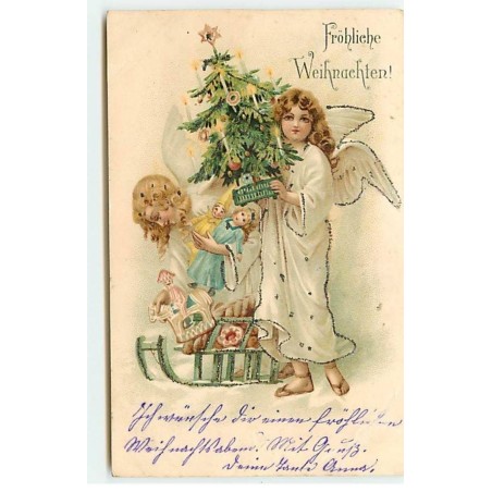 n°18717 - Carte à paillettes - Fröhliche Weihnachten - Anges gardiens apportant un sapin, et des cadeaux