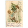 n°18717 - Carte à paillettes - Fröhliche Weihnachten - Anges gardiens apportant un sapin, et des cadeaux