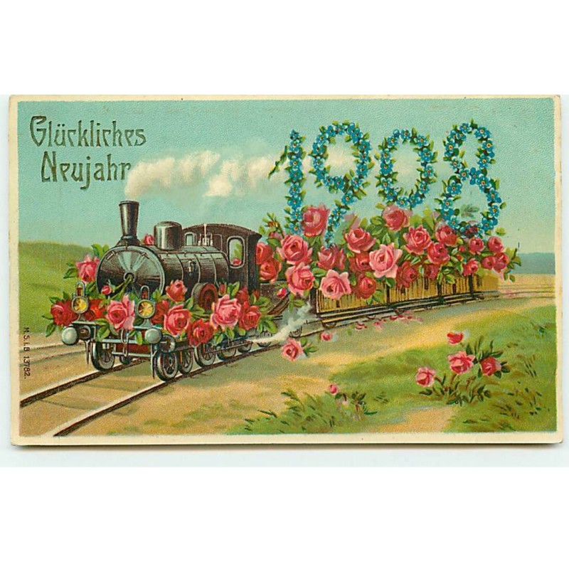 n°18718 - Glückliches Neujahr 1908 - Train décoré de roses