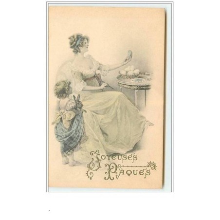 n°1872 - MM Vienne n°179 - Joyeuses Pâques - Femme se regardant un oeuf, fillette avec un lapin