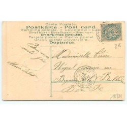 n°18721 - Carte Gaufrée - Bonne Année - Trois jeunes femmes dansant avec une guirlande de fleurs, devant un cochon