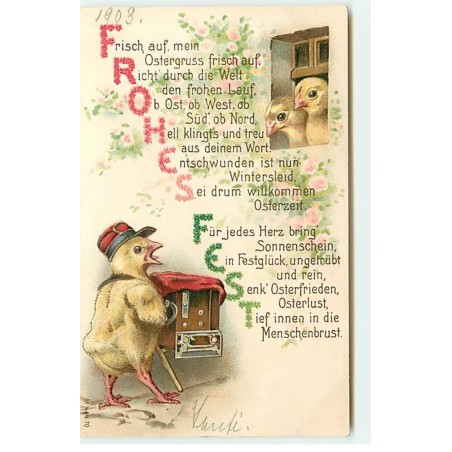 n°18730 - Carte Gaufrée - Fröhes Fest - Poussin avec un Orgue de Barbarie