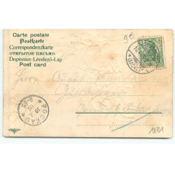 n°18731 - Carte Gaufrée - Fröhliche Ostern - Couple de lièvres habillés, portant un panier rempli d'oeufs