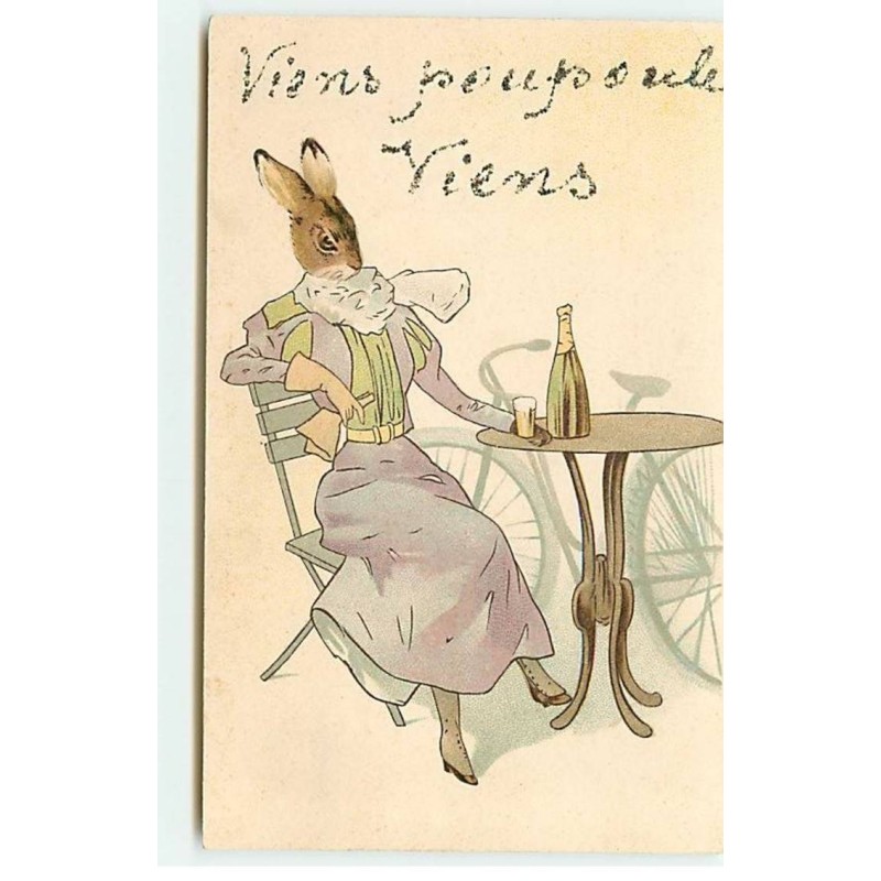 n°18735 - Carte à Paillettes - Viens poupoule viens - Hase habillée, attablée en buvant un verre - vélo
