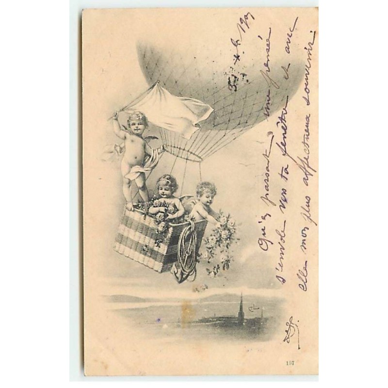 n°18744 - Anges lançant des fleurs d'une nacelle de ballon