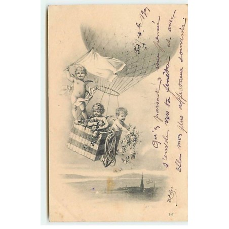 n°18744 - Anges lançant des fleurs d'une nacelle de ballon