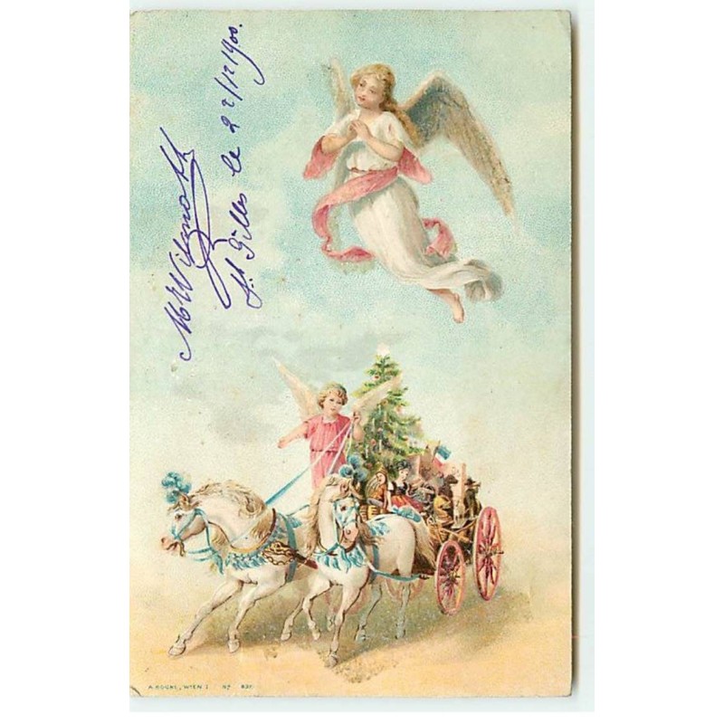 n°18747 - Ange Gardien veillant sur un ange dans une charette remplie de jouets