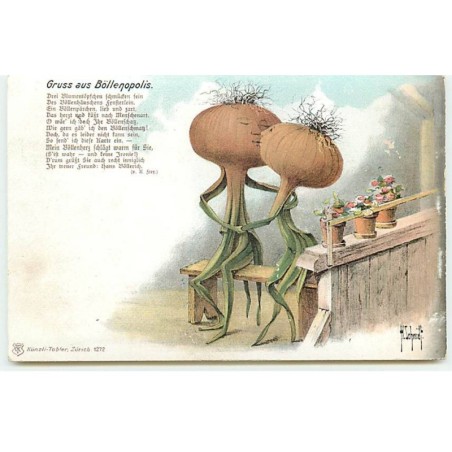 n°18755 - Illustrateur - Schmidt - Gruss aus Böllenopolis - Oignons humanisés s'embrassant - surréalisme