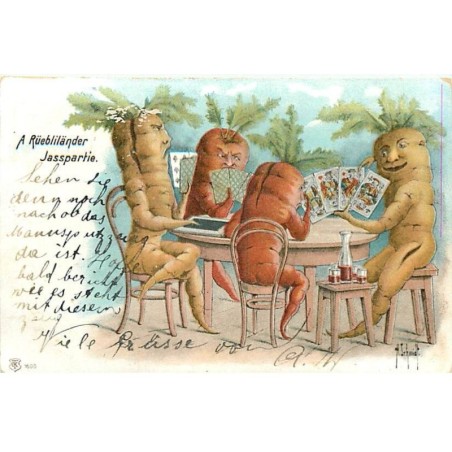 n°18756 - Illustrateur - Schmidt - A Rüebliländer Jasspartie - Carottes humanisées jouant aux cartes - surréalisme