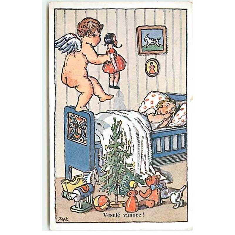 n°18767 - Illustrateur - M. Fischerova-Kvéchova - Veselé Vanoce - Ange apportant une poupée à une fillette dormant