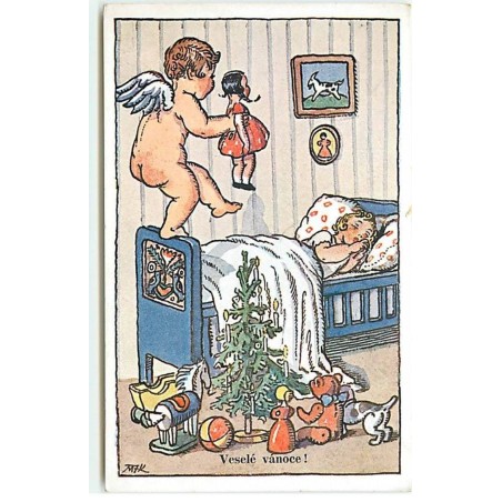 n°18767 - Illustrateur - M. Fischerova-Kvéchova - Veselé Vanoce - Ange apportant une poupée à une fillette dormant