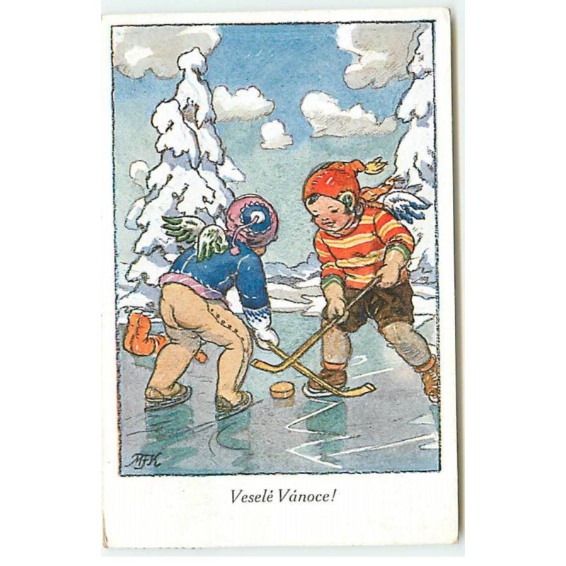 n°18771 - Illustrateur - M. Fischerova-Kvéchova - Veselé Vanoce - Anges jouant au hockey sur glace