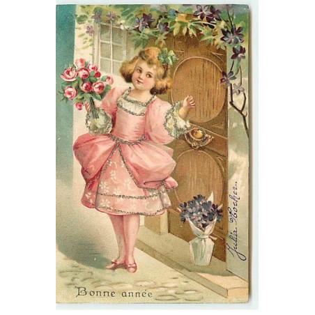 n°18776 - Carte Gaufrée - Clapsaddle - Bonne Année - Fillette avec un bouquet de roses, frappant à une porte