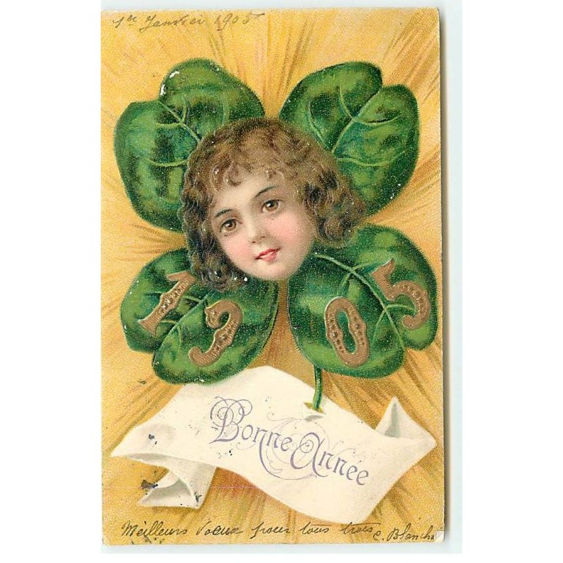 n°18777 - Carte Gaufrée - Bonne Année 1905 - Fillette au milieu d'un trèfle