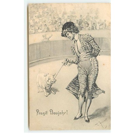 n°18782 - Prosit Neujahr - Femme torréador avec un cochon