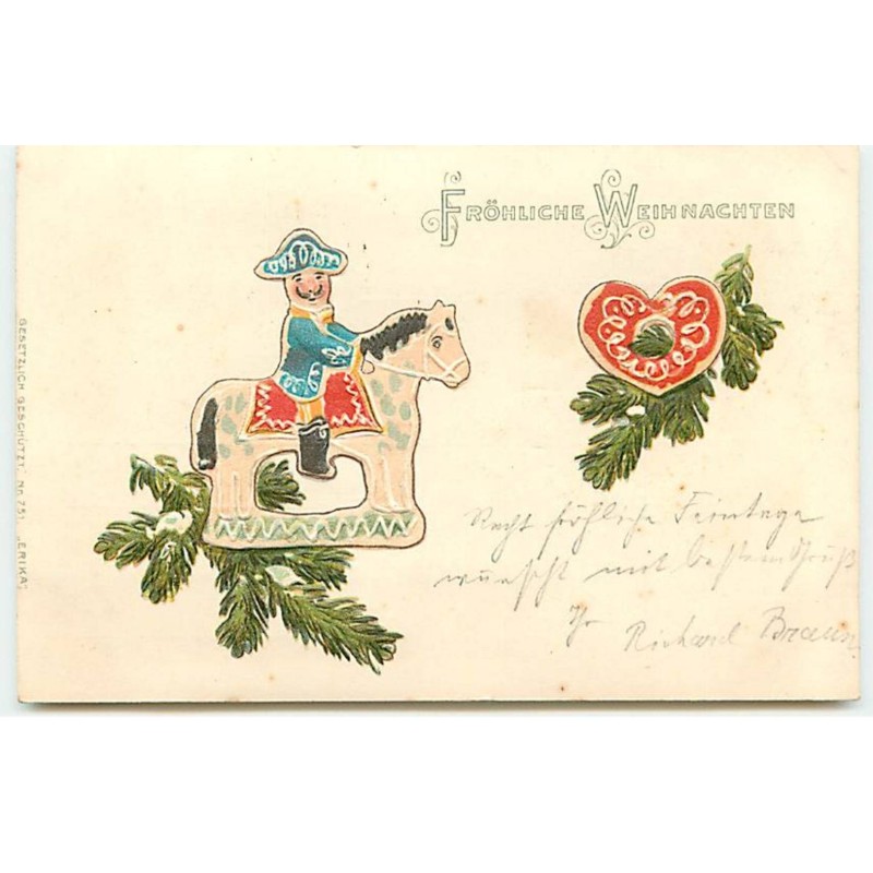 n°18786 - Carte Gaufrée - Fröhliche Weihnachten - Cavalier sur un cheval en bois, un coeur