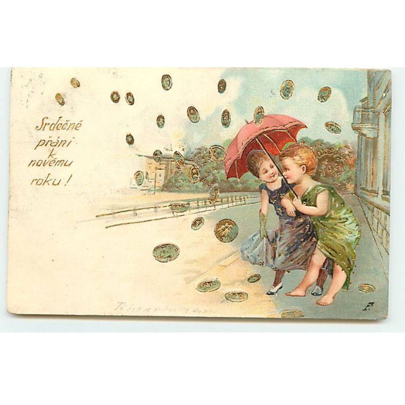 n°18793 - Carte Gaufrée - Srdecné prani k novemu roku - Anges se protégeant sous un parapluie d'une pluie de pièces