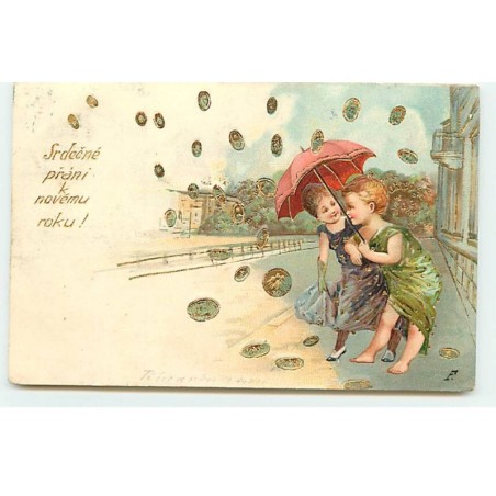 n°18793 - Carte Gaufrée - Srdecné prani k novemu roku - Anges se protégeant sous un parapluie d'une pluie de pièces