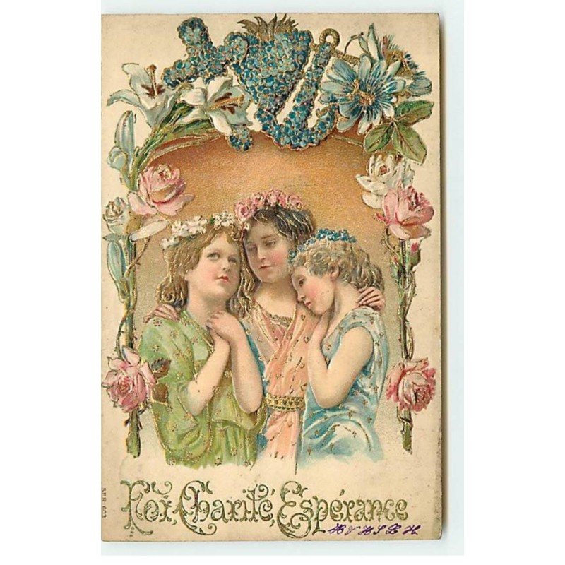 n°18794 - Carte Gaufrée - Foi, Charité, Espérance - Trois jeunes filles priant
