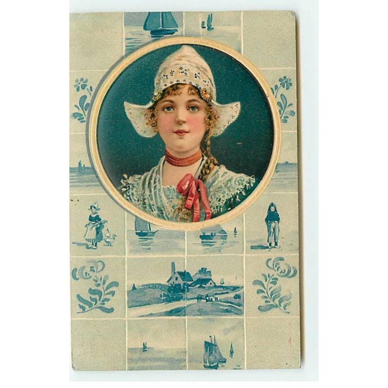 n°18796 - Carte Gaufrée - Portrait d'une jeune hollandaise dans un médaillon