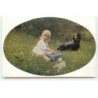 n°18797 - Grotemeyer -  Fillette assise dans l'herbe près d'un teckel et d'une poupée