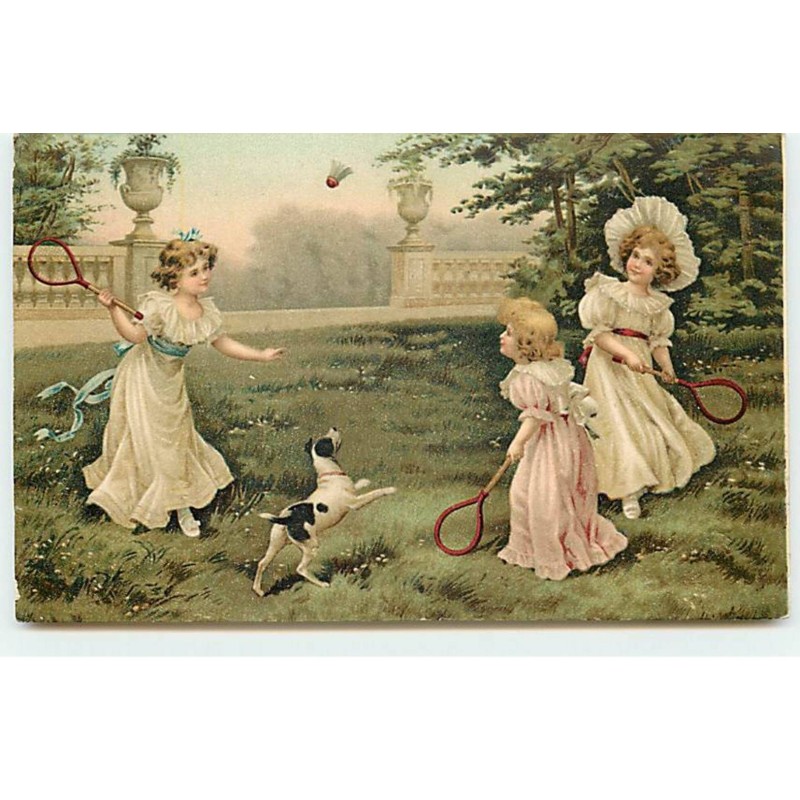 n°18800 - Clapsaddle - Fillettes jouant au Badminton sous le regard d'un chien