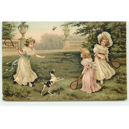 n°18800 - Clapsaddle - Fillettes jouant au Badminton sous le regard d'un chien