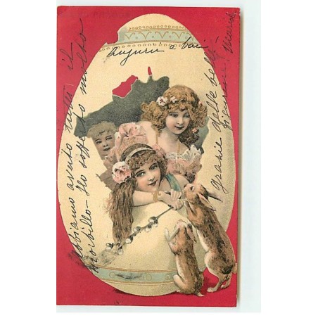 n°18806 - Buona Pasqua - Lièvres regardant des jeunes femmes sortant d'un oeuf