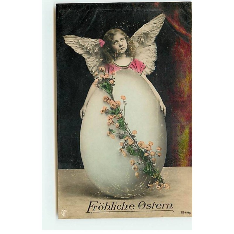 n°18807 - Fröhliche Ostern - Jeune fille avec des ailes d'ange derrière un oeuf - surréalisme
