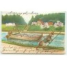 n°18808 - Carte Gaufrée - Fröhliche Ostern - Lièvre tirant une péniche rempli d'oeufs