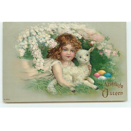 n°18810 - Fröhliche Ostern - Fillette câlinant un agneau