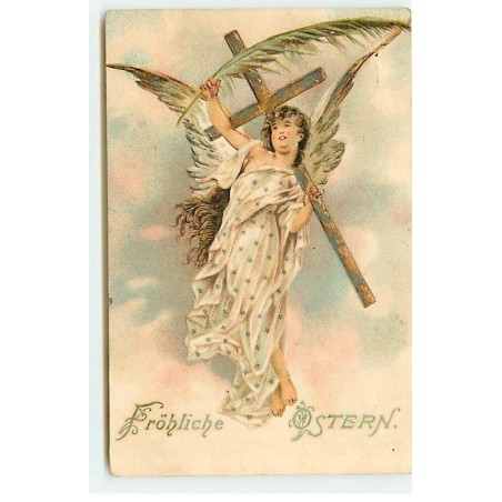 n°18813 - Carte Gaufrée - Fröhliche Ostern - Ange gardien portant une croix et une grande plume