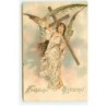 n°18813 - Carte Gaufrée - Fröhliche Ostern - Ange gardien portant une croix et une grande plume