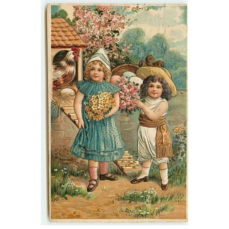 n°18814 - Carte Gaufrée - Fillettes près d'un poulailler, avec des fleurs et un panier rempli d'oeufs