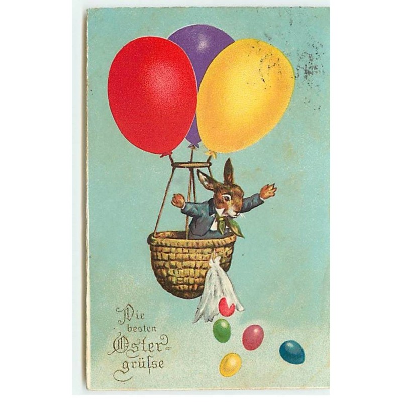 n°18815 - Die besten Oster-grüsse - Lièvre dans une nacelle de ballon , lançant des oeufs