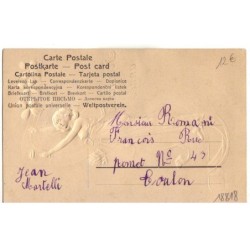 n°18818 - Carte Gaufrée - Art Nouveau - Bonne Année - Jeune femme jouant avec des trèfles, enveloppe