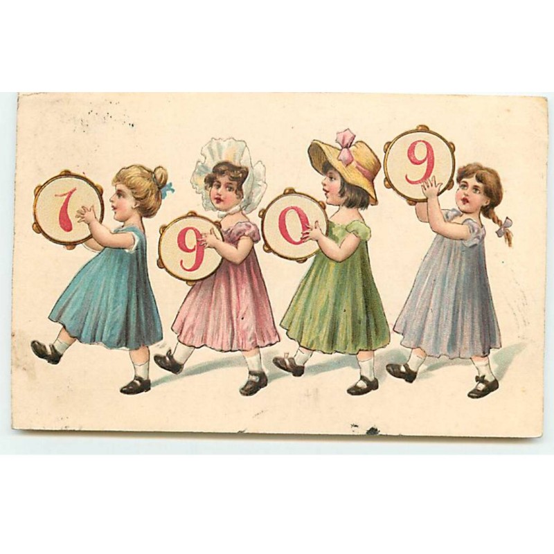 n°18821 - Carte Gaufrée - Bonne Année 1909 - Fillettes jouant du tambourins