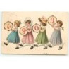 n°18821 - Carte Gaufrée - Bonne Année 1909 - Fillettes jouant du tambourins