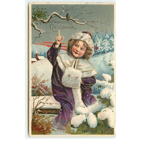 n°18824 - Carte Gaufrée - Fröhliche Neujahr - Fillette avec un manteau violet assise sur un banc enneigé