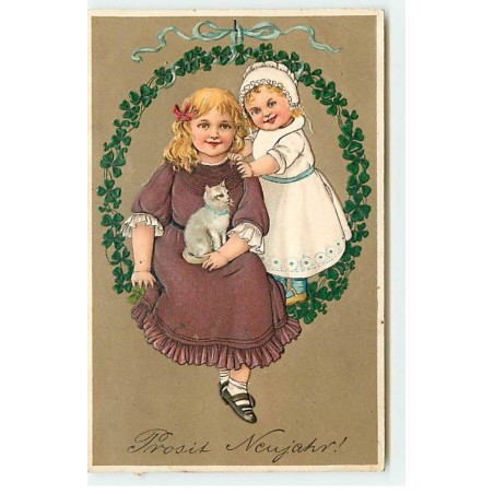 n°18827 - Carte Gaufrée - Flatscher - Prosit Neujahr - Bébé près d'une fillette avec un chaton sur les genoux