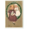 n°18827 - Carte Gaufrée - Flatscher - Prosit Neujahr - Bébé près d'une fillette avec un chaton sur les genoux