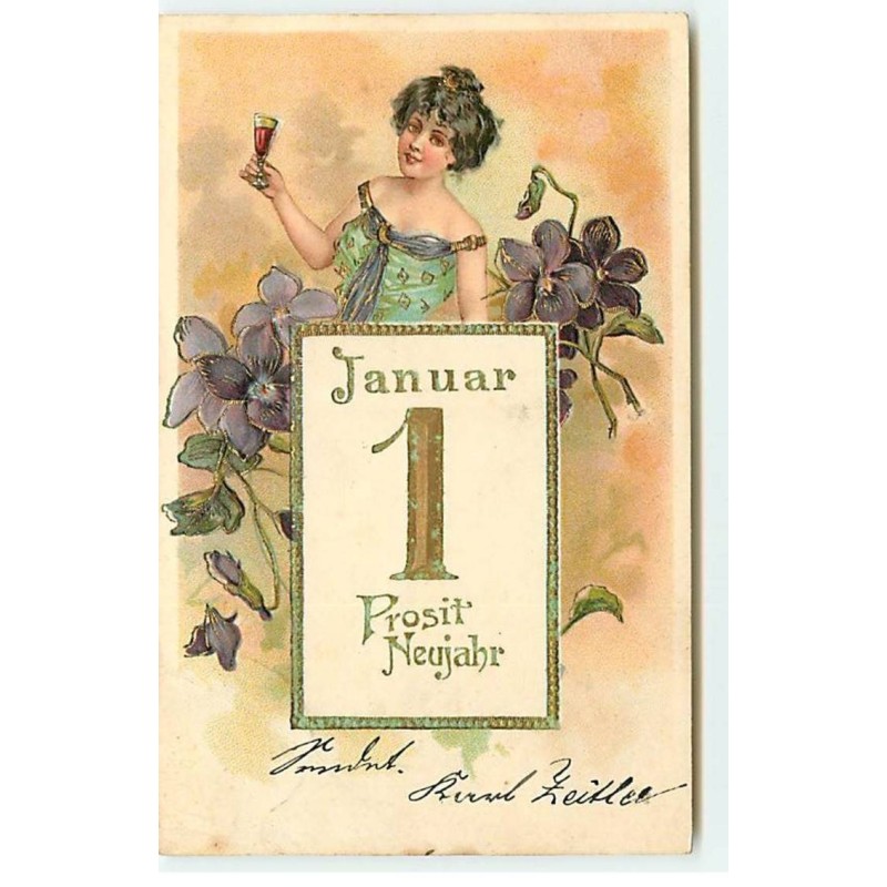 n°18828 - Carte Gaufrée - Prosit Neujahr - Jeune femme buvant, et violettes