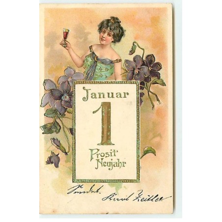 n°18828 - Carte Gaufrée - Prosit Neujahr - Jeune femme buvant, et violettes