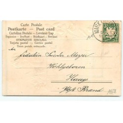 n°18828 - Carte Gaufrée - Prosit Neujahr - Jeune femme buvant, et violettes