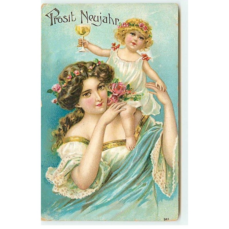 n°18829 - Carte Gaufrée - Prosit Neujahr - Jeune femme portant un bébé tenant un verre sur l'épaule