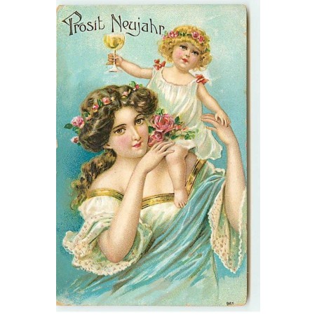 n°18829 - Carte Gaufrée - Prosit Neujahr - Jeune femme portant un bébé tenant un verre sur l'épaule