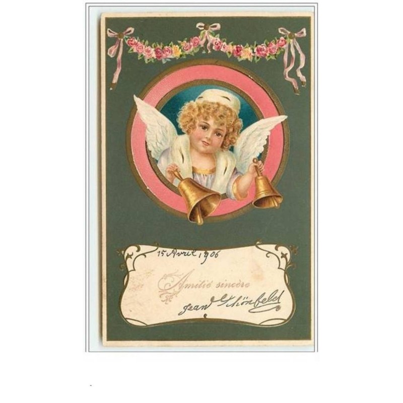 n°1883 - Carte Gaufrée - Amitié sincère - Angelots et cloches dans un médaillon
