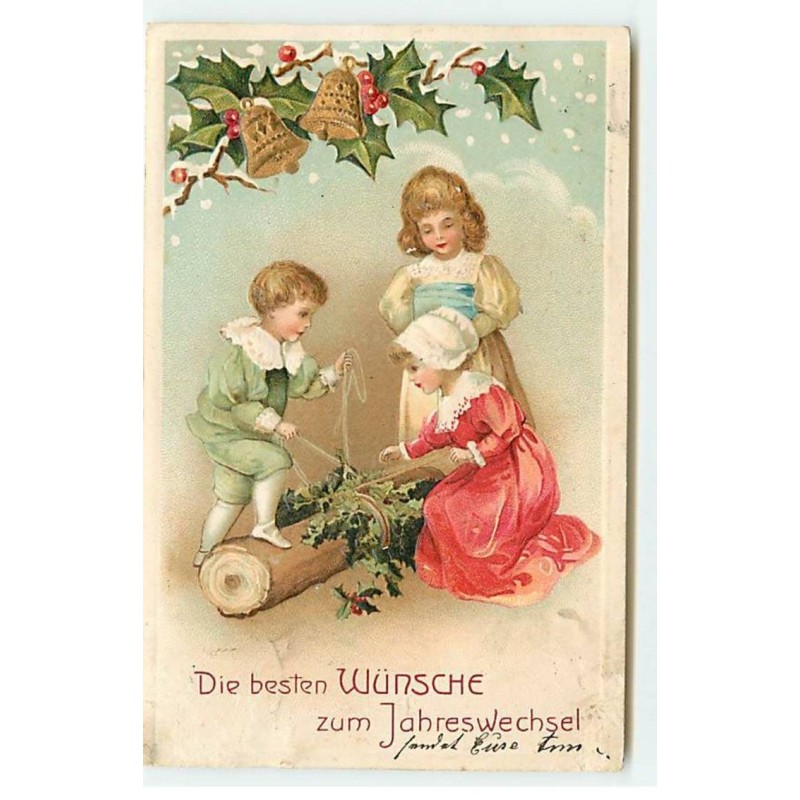 n°18832 - Carte Gaufrée - Clapsaddle - Enfants accrochant du houx sur un tronc
